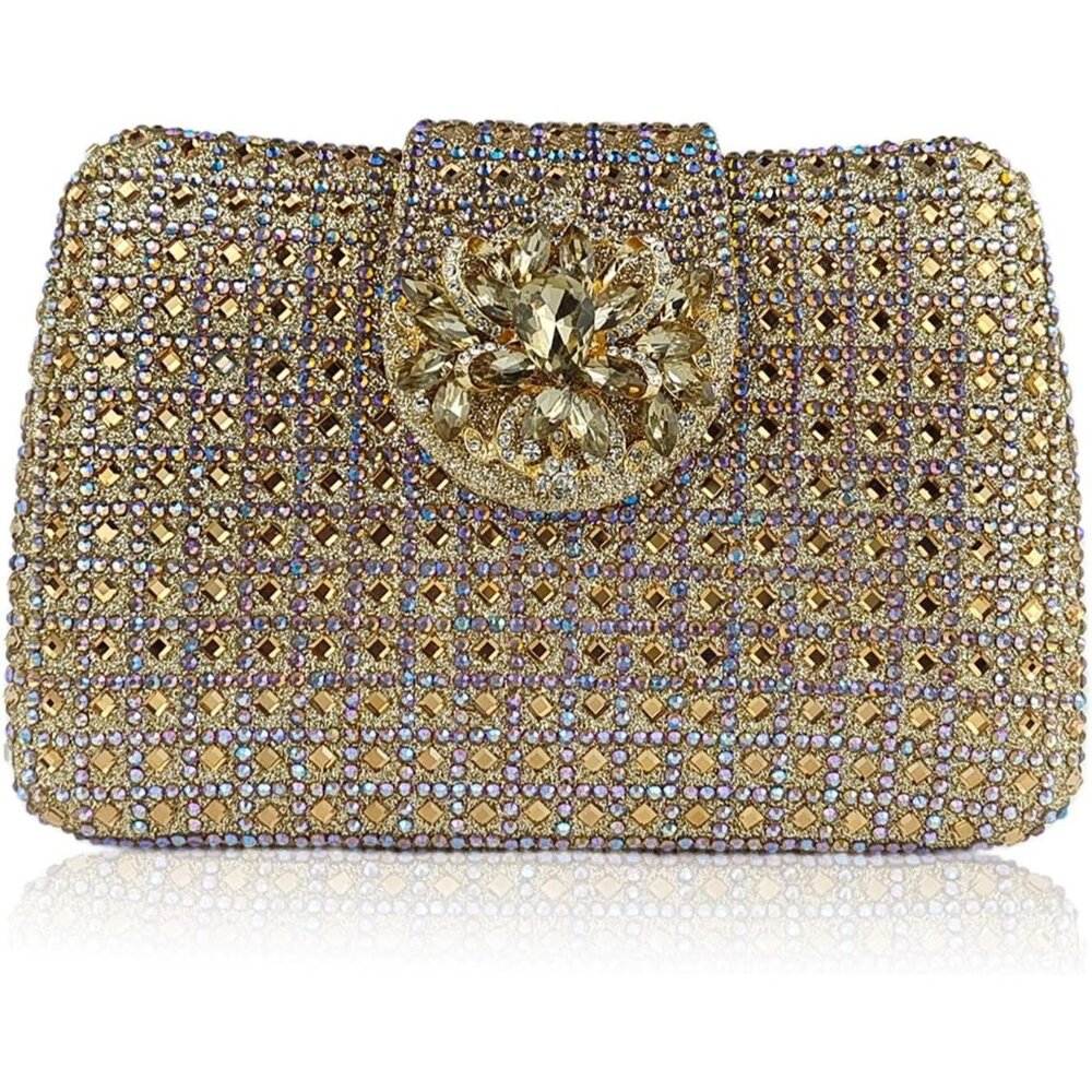 Women's Rhinestone Sparkly Unique Evening Floral Clutch Shoulder Handbag
